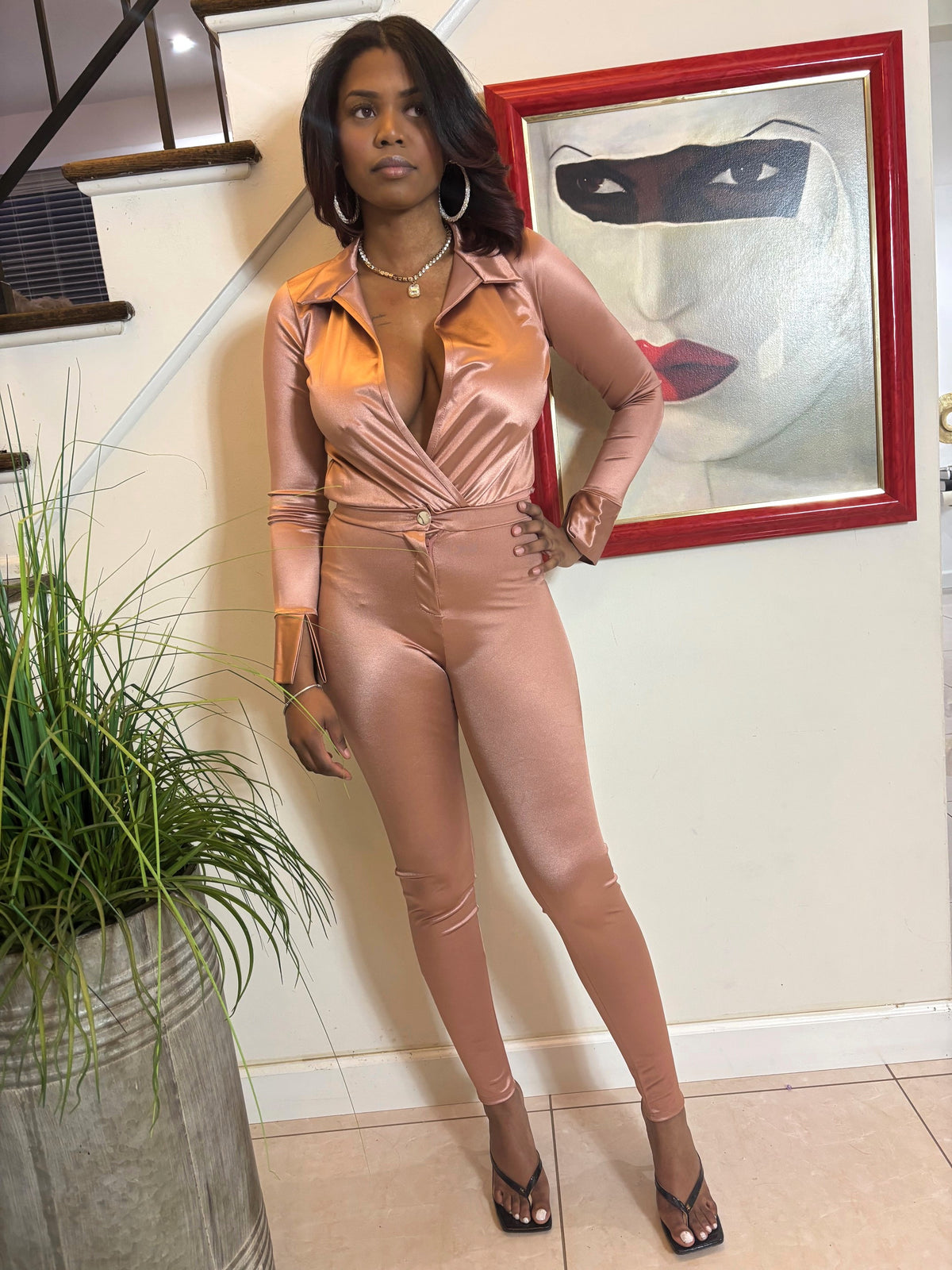 Rose Gold Satin Wrap Bodysuit Set
